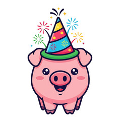 Naklejka premium A cartoon pig wearing a party hat with fireworks, celebrating isolated on a transparent background