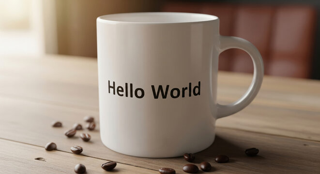Hello World Mug with Coffee Beans on Wooden Table - Powered by Adobe