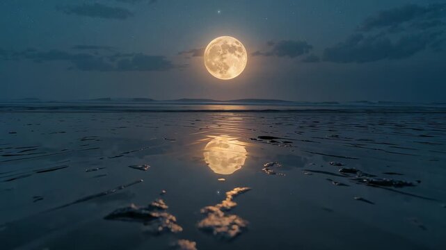 Full moon reflection shimmering on rippled wet sand at shoreline, with gentle breeze creating waves