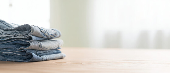 Folded denim jeans on wooden table