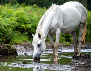 A white horse bends to drink from a muddy puddle amidst lush green ferns and earth in natural outdoor setting