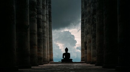 Fototapeta premium Serene Buddha Statue Silhouette Amidst Ancient Pillars with Dramatic Cloudy Sky in Background Capturing Peace and Tranquility in a Historic Setting