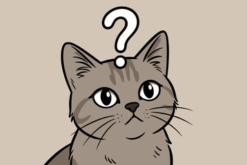 Obraz premium A cute cartoon grey tabby cat looking confused with a white question mark above its head.
