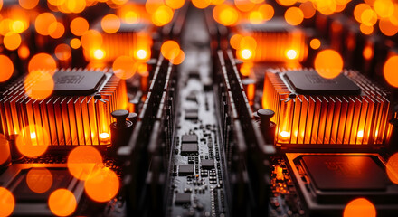 Close-up of glowing computer processors on a circuit board with bokeh lights.