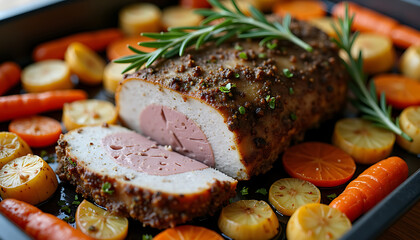 Roasted Pork Loin With Vegetables in Baking Tray
