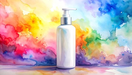 A white lotion bottle stands before a vibrant, colorful watercolor background