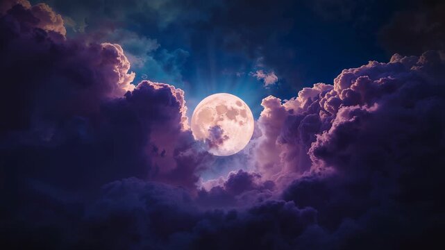 Unveiling glowing full moon through drifting violet clouds in indigo sky, soft moonbeams shining