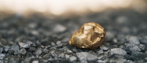 Single gold nugget on rough gray gravel  
