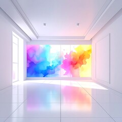 A white, modern room showcases a colorful abstract art display across a wall