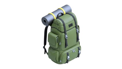 Green Backpack with Rolled Mat on White Background