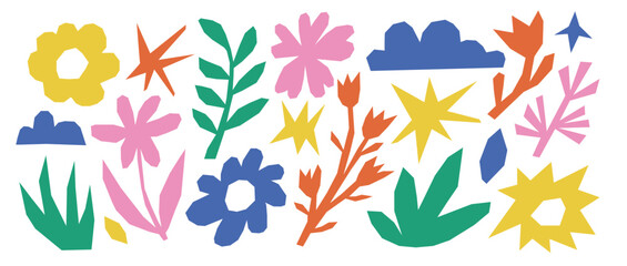 Cut out irregular organic shapes for collages. Cut color floral elements with torn edge. Shape colorful plants doodle scrap background.