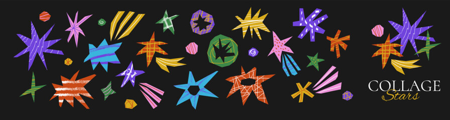 Cut out irregular star shapes for collages and zine design. Cut color explosion shapes with torn edge with scribble. Shape colorful stars doodle scrap background.