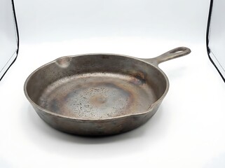 A vintage cast iron skillet with a worn patina, perfect for rustic cooking and kitchen decor