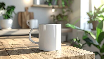 A white mug sits on a sunny, rustic wooden kitchen counter surrounded by blurred plants and light-filled background
