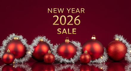 Several red christmas ball with shiny ornament on reflective surface, showcasing holiday season and festive celebration of 2026 new year sale