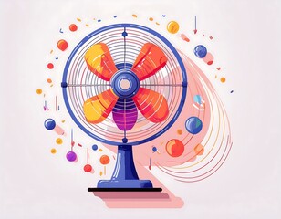 Vibrant electric table fan illustration with colorful spinning blades and playful abstract shapes, evoking refreshing coolness and a joyful summer atmosphere