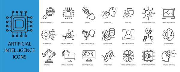 Naklejka premium artificial intelligence set icons outline and Flat Style,transparent background