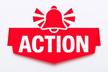 Bright red alert banner with a stylized bell symbol and the word action in bold white letters