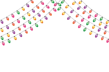 This image features an array of vibrant decorative string lights arranged in an upward-curving arch against a stark black background. The individual lights are small and evenly spaced, showcasing a ch