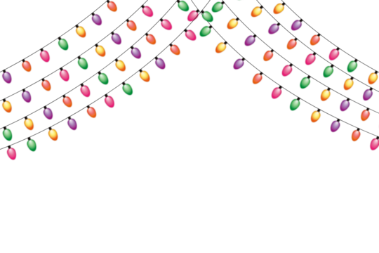 This image features an array of vibrant decorative string lights arranged in an upward-curving arch against a stark black background. The individual lights are small and evenly spaced, showcasing a ch - Powered by Adobe