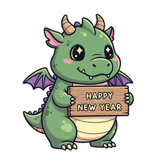 Fototapeta premium Cute cartoon dragon celebrating the new year with a wooden sign. The dragon has big eyes, small horns and purple wings isolated on a transparent background