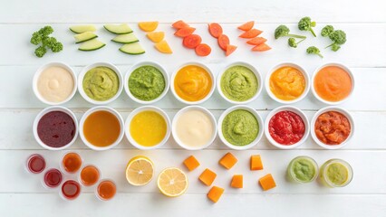 Colorful array of baby food varieties organized by hue for weekly meal planning