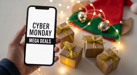 Hand holds phone displaying "Cyber Monday Mega Deals". Gifts, elf hat, lights create festive atmosphere, representing seasonal shopping and deals