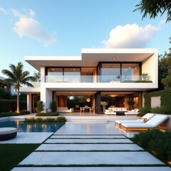 Fototapeta premium Modern luxury residence with infinity pool and lush tropical landscaping under a clear blue sky