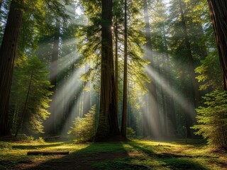 Obraz premium Sunbeams Through Misty Green Forest God Rays