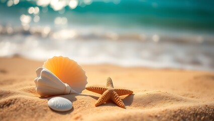 Obraz premium Seashells and starfish on sand, evoking tranquility of a tropical beach.