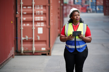 African worker in a vest and helmet, surveying the cargo containers © offsuperphoto