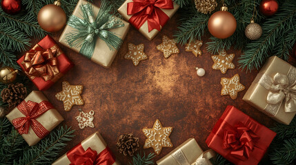 Obraz premium Holiday Celebration Flat Lay with Christmas Cookies, Gifts, and Decorations