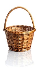 Obraz premium A woven, light brown, wicker basket with a tall arched handle sits on a reflective white surface