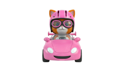 Cat in a Pink Car with Helmet and Goggles
