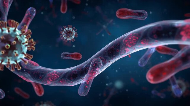 Current driving large spiky virus drifting toward tube in fluid rods and viral spheres, copy space
