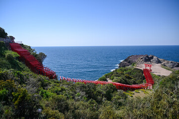 山口県の元乃隅神社(もとのすみじんじゃ)、赤色の鳥居が神秘的で美しい