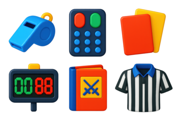 Referee Tools Icons. 3D icon set of referee tools: whistle, scoring remote, colored cards, timer board, fencing rulebook, referee