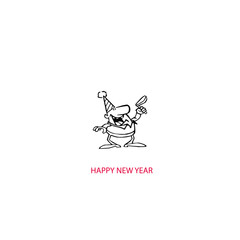 A whimsical cartoon character wearing a party hat, holding a celebratory noisemaker, wishing everyone a Happy New Year with a joyful expression and energetic stance, perfect for holiday greetings