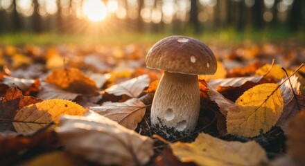 Autumnal mushroom amidst fallen leaves, golden sunlight filtering through trees