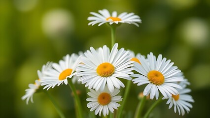 Obraz premium Fresh daisies in a simple bouquet, bathed in natural daylight with a soft green backdrop.
