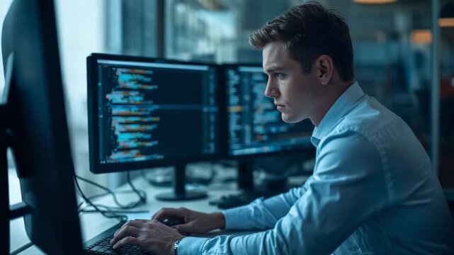 Entering office developer wearing shirt coding on dual monitors to debug software, copy space