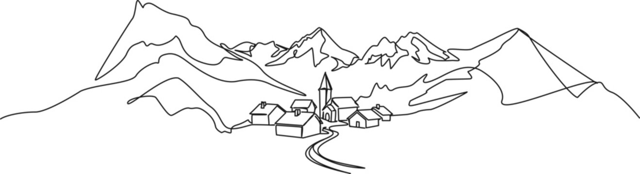 continuous line drawing of small mountain village, line art vector illustration