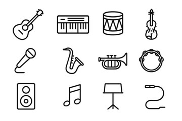 Fototapeta premium Musical Instrument Icons. Musical instruments. Line outline icon set of musical instruments: guitar, keyboard,