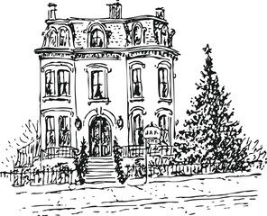 Black and White Ink Drawing of a Victorian House and Christmas Tree. Hand-drawn Historical Building Facade Sketch.