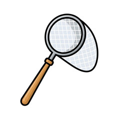 Flat vector bug net illustration with wooden handle and white mesh, isolated on transparent background. Perfect for summer camp designs, kids' educational content, nature exploration,