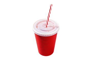 Red plastic cup with a striped straw on a white background