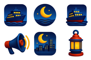 Night Ferry Icons. 3D icon set of night ferries: illuminated deck, moonlit water, cabin lights, ferry horn, night skyline, dock