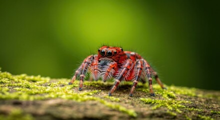 Close-up of a vibrant red and black jumping spider on mossy log