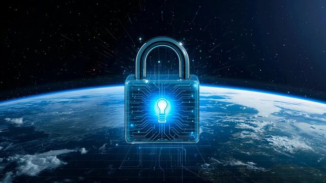 Materializing padlock icon pulsing lightbulb above rotating Earth in space, with mist, circuit halo