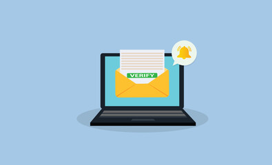 Laptop with a bell notification and verify mail. .Reminder on desktop. New message notification
